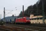 185 192 zieht am 04.Mrz 2014 den LKW-Walter KLV nach Rostock durch Kronach Richtung Saalfeld.