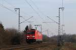 185 281-3 während eine Lokfahrt in die Richtung Emden bei Salzbergen am 14-3-2014.