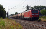 185 074 führte ihren Kesselwagenzug am 10.07.16 in Greppin über das Gegengleis Richtung Dessau um die vorrausfahrende S2 überholen zu können.