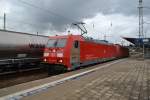 2 185er von DB Schenker Rail Skandinavia rangieren im Bahnhof Eberswalde um an den gerade angekommenen Umleiter aus Rüdersdorf anzukuppeln 15.07.2015