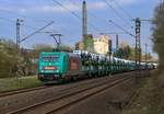 EMONS 185 612-9 (NVR: 91 80 6185 612-9 D-EBT) passierte hier am 04.04.2017 Hannover-Misburg 
mit einem voll beladenen Ars-Altmann Autotransportzug Rtg. Westen...