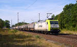 185 541 der Captrain führte am 12.08.18 einen Kesselwagenzug durch Burgkemnitz Richtung Wittenberg.
