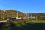 185 564 + 193 247 mit einem Holzzug am 14.10.2018 bei Wernstein am Inn.