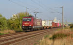 Am Morgen des 28.08.19 führte 185 632 einen mäßig ausgelasteten Containerzug für Emons durch Greppin Richtung Bitterfeld.