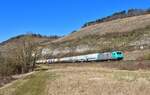 185 613 mit einem Kesselzug am 08.03.2022 bei Himmelstadt.