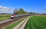 185 592 mit einem Kesselzug am 25.04.2022 bei Langenisarhofen.