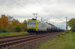 185 541 der Captrain schleppte am 29.10.23 einen Kesselwagenzug durch Greppin Richtung Dessau.