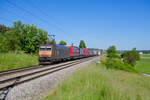 185 538 TXL  Puregold  mit einem KLV-Zug bei Oberdachstetten Richtung Würzburg, 13.06.2021