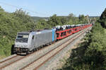 185 680 railpool Standard Lok mit einem Autozug am 10.7.2026 bei Dollnstein.