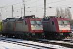 Die beiden Crossrail Loks 185 599 und 185 594 am 5.1.11 abgestellt in Krefeld Hbf