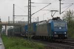 Crossrail Mietlok 185 535 am 5.5.12 mit einem LKW Walter KLV von Duisburg-Ruhrort Hafen nach Domodossola bei der Durchfahrt durch Ratingen-Lintorf.