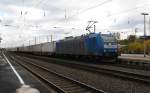 185 510-5 von Metrans durchfhrt am 24.10.2013 mit einem Containerzug den Bahnhof Eichenberg, Richtung Sden ber Eschwege.