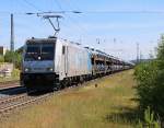 185 680-6 mit  Lecker Technik  dran (und vielleicht auch drin) bespannte am 07.06.2014 einen ARS-Autotransportzug in Richtung Süden. Aufgenommen in Eichenberg.