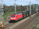 Am 02.04.2017 kam die 185 346 mit einem Militärzug aus dem Güterbahnhof Stendal und fuhr in Richtung Wittenberge.