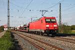 Am 04.05.2016 bespannte 185 316-7 einen gemischten Güterzug (Mannheim Rbf - Chiasso), als sie durch den Bahnhofsbereich von Müllheim (Baden) gen Basel fuhr.