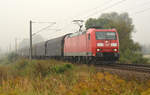 185 009 führte am 28.09.17 ihren gemischten Güterzug durch den Hochnebel in Jeßnitz Richtung Dessau.