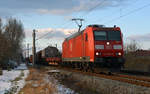 185 066 schleppte am 04.02.18 einen gemischten Güterzug durch Greppin Richtung Bitterfeld.