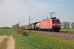 Mit einem gemischten Güterzug (Chiasso - Mannheim Rbf) fuhr am 11.04.2017 die 185 120-3 über die KBS 703 durchs Rheintal gen Freiburg (Breisgau).
