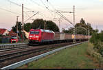 Containerzug (Löblein Transport GmbH) mit 185 003-1 DB durchfährt langsam den Hp Zscherben auf der Bahnstrecke Halle–Hann.