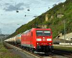 DB Schenker Rail 185 169 mit Gaskesselwagenzug auf der rechten Rheinstrecke in Richtung Rüdesheim (Koblenz-Ehrenbreitstein, 23.04.2012).