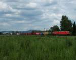 Eine 185 ist am 6.Juni 2011 mit einem langen Containerzug bei Haßlach unterwegs.
