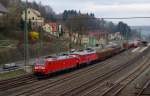 185 177 + 232 117 mit gemischten Güterzug am 22.03.2014 in Kronach Richtung Lichtenfels.