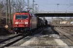 Am 28.03.13 fuhr die BR 185 224-3 mit einem Güterzug durch den Bahnhof Forchheim (Oberfr.) Richtung Nürnberg.