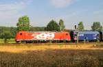 185 399 von  DB Schenker, mit Stahlzug in Richtung Aachen am 23.7.2014 auf der KBS 485 im Wurmtal.