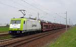 185 650 der Captrain schleppte am 04.04.17 einen langen Autozug durch Rodleben Richtung Magdeburg.