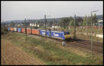 In doppelter Connex Bespannung mit 185CL001 und 185CL002 kam am 26.09.2003 ein Container Zug in Richtung Münster durch den Bahnhof Lengerich.