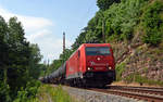 185 588 führte für Rheincargo am 22.06.19 einen Kesselwagenzug durch Kahla Richtung Naumburg(S).