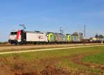 Eisenbahn und Landschaft- Die 185 665 von Kombi Verkehr vor zwei 485er der BLS Cargo AG im Spätherbst bei Übersee am Chiemsee am 01.11.14    