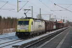 Am 03.02.2026 fuhr 186 158-2 für eine Überholung auf Gleis 1 des Bahnhofes Barnstorf in Richtung Osnabrück.