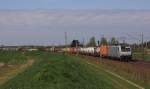 Vor einer aufziehenden Wolkenfront entschwindet 186 141, damals im Einsatz für Metrans, durch Zeithain in Richtung Elbtal. 11.04.2014