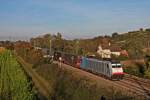 Railpool/Lokomotion/BLS Cargo 186 251 am 30.10.2014 mit einem Aufliegerzug südlich von Müllheim (Baden) auf dem Weg in Richtung Basel.
