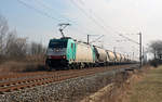 186 135 der Transchem schleppte am 04.03.18 einen langen Silo- und Kesselwagenzug durch Greppin Richtung Dessau.