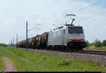 186 447-9 Railpool als Kesselzug fährt in Braschwitz auf der Bahnstrecke Magdeburg–Leipzig (KBS 340) Richtung Köthen. Aufgenommen im Gegenlicht. [10.5.2018 | 14:31 Uhr]