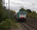 186 213 von Crossrail kommt aus Richtung Aachen-West mit drei Silowagenzug aus Antwerpen-Noord(B) nach Buna-Werke(D) und fährt durch Kohlscheid in Richtung