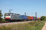 Am Mittag des 12.09.2018 fuhr Rpool/LINEAS 186 258-0 mit einem Containerzug aus Belgien nördlich von Müllheim (Baden) bei Hügelheim über die KBS 703 in Richtung Schweizer Grenze.