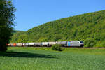 186 449 Railpool/Lineas mit einem gemischten Güterzug bei Wernfeld Richtung Gemünden, 07.05.2020