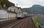 186 187 der Metrans führte am 15.10.16 einen Containerzug durch Königstein Richtung Tschechien.