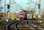 Schiebewandzug mit 187 161-5 DB befährt die Herrenkrug-Eisenbahnbrücke nahe des Hp Magdeburg Herrenkrug auf der Bahnstrecke Berlin–Magdeburg (KBS 201) Richtung Biederitz.