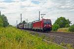 187 177 führte am 29.06.23 einen gemischten Güterzug durch Brehna Richtung Bitterfeld.