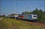 Die an DB Cargo vermietete 187 009-6 war mit 132 109 und einem Kesselwagenzug am 29.08.2017 in der Berliner Wuhlheide unterwegs