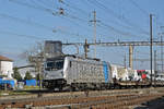 Lok 187 004-7 durchfährt den Bahnhof Pratteln. Die Aufnahme stammt vom 13.02.2018.