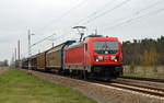 187 150 schleppte am 12.04.19 einen Autologistik-Zug durch Marxdorf Richtung Falkenberg(E).