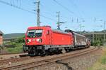 DB Cargo-187 200-1 mit einem gemischten Güterzug am 17.7.2022 in der Einfahrt zum Saalfelder Bahnhof.
