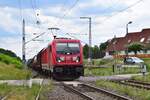 187 155 kommt mit einem Güterzug die Rampe von Roßlau aus hochgefahren und durchfährt hier nun Medewitz.