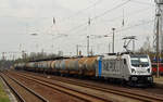 187 313 führte am 11.04.18 für ihren Mieter HSL einen Kesselwagenzug durch Köthen Richtung Halle(S).