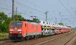 DB Cargo AG mit  189 009-4  [NVR-Nummer: 91 80 6189 009-4 D-DB] und PKW-Transportzug (VW Nutzfahrzeuge aus polnischer Produktion) am 06.06.19 Höhe Saarmund.